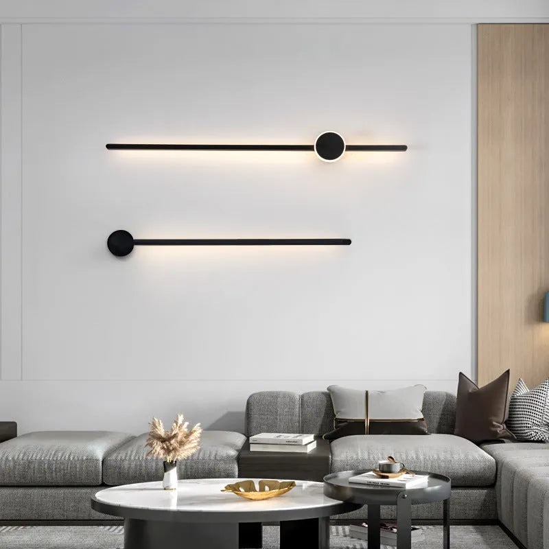 Modern black and white LED strip wall lamp with a grid-free pole gate design and acrylic shade.