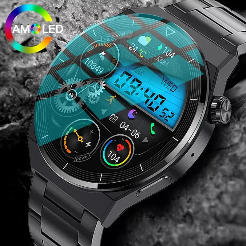 Black and silver smartwatch with silicone strap showing a heart rate monitoring display on its touchscreen.