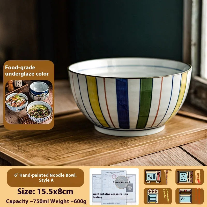 Ceramic hand-painted underglaze colour noodle bowl round 6 inch Japanese style retro soup bowl