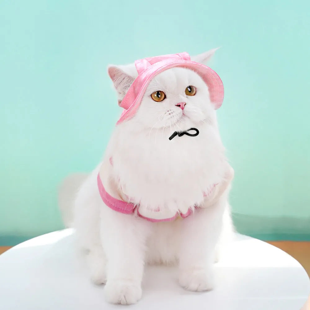 Pet sun hat for dog and cat with adjustable chin strap, polyester bucket style, available in multiple tie-dye colours
