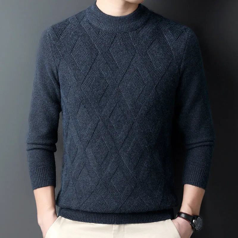 Men's diamond jacquard winter sweater in light camel colour, wool blend fabric