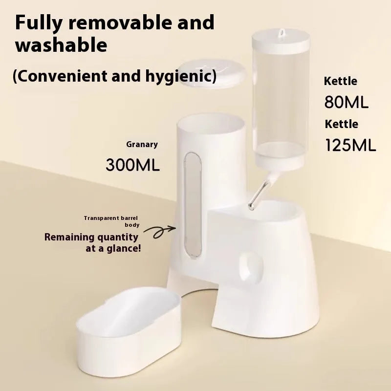 White automatic hamster water feeder and food bowl for dwarf hamsters on cage floor.