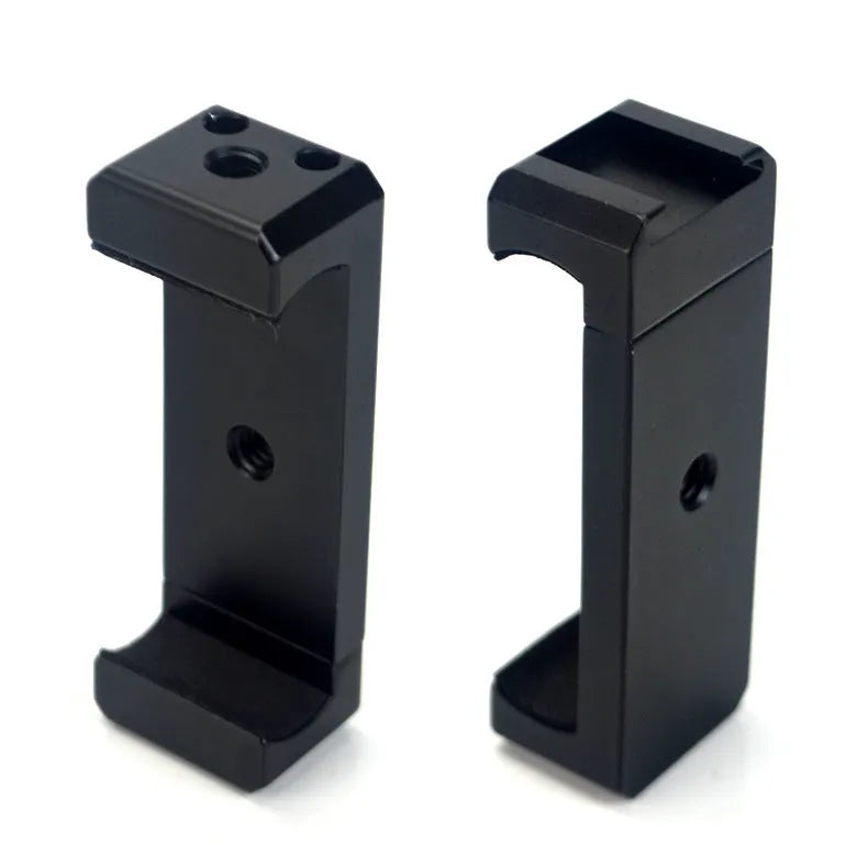 Silver aluminium alloy phone bracket for iPhone shown in clip and tripod style next to a mobile phone.