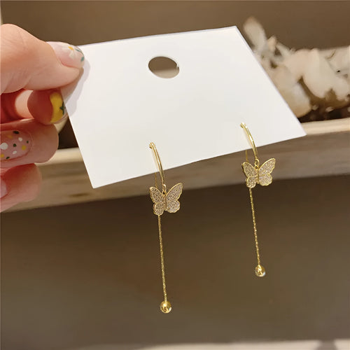 Alloy golden butterfly tassel earrings with electroplated finish for women