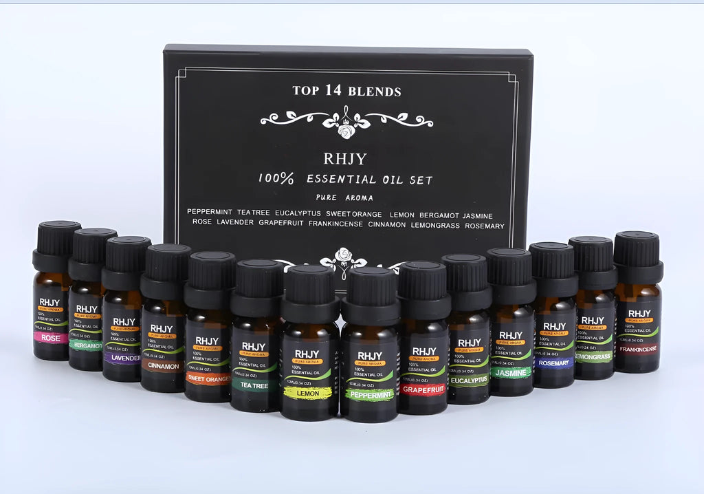 Aromatherapy essential oil set with 14 x 10ml bottles in 14 fragrances including lavender, lemon, and eucalyptus.