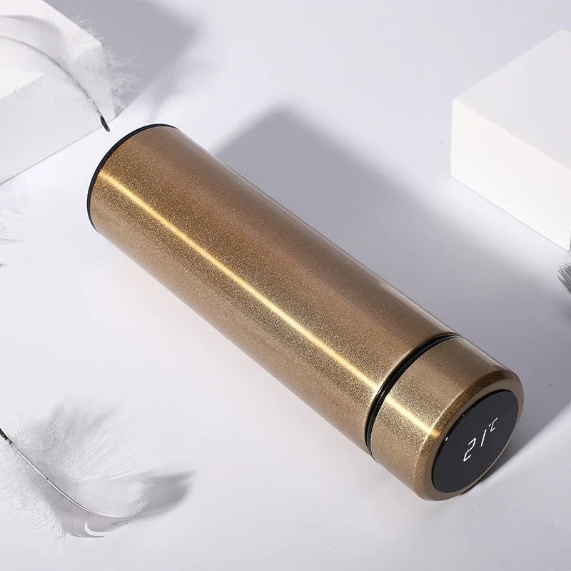 Stainless steel vacuum flask with LED touch display showing temperature, 500ml capacity, 304 stainless steel construction, gold colour