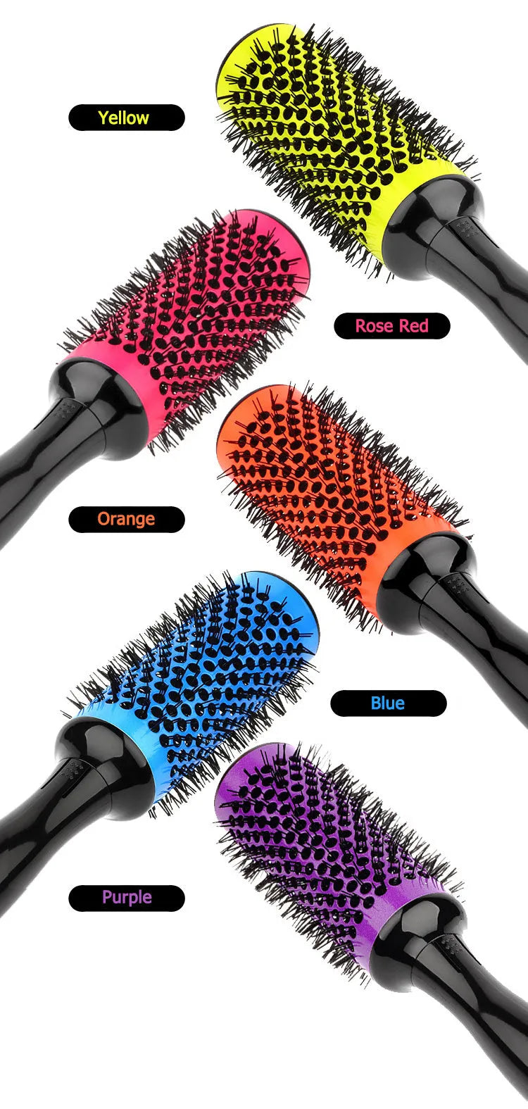 Set of six ceramic hair styling brushes in assorted colours with detachable handle and PVC carry bag