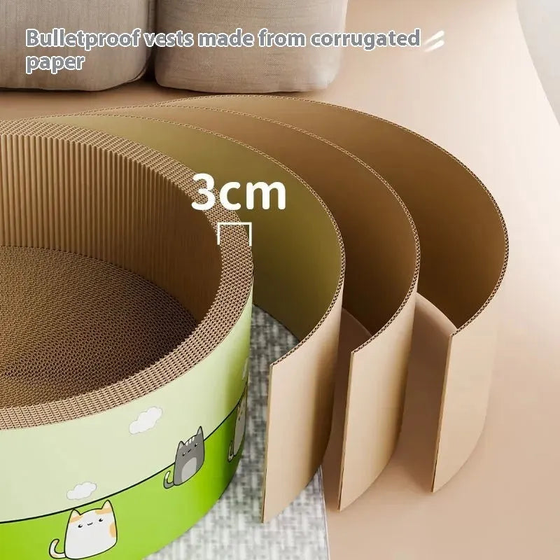 Large round deep pit corrugated paper cat scratch board measuring 50cm in diameter on a wooden floor.