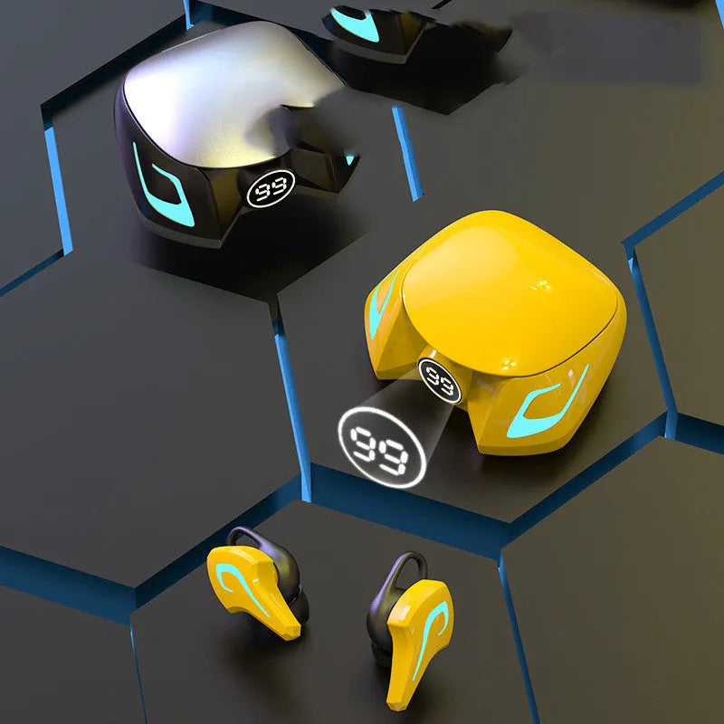 Black and grey wireless Bluetooth gaming earbuds with earplug-style design on a plain background.
