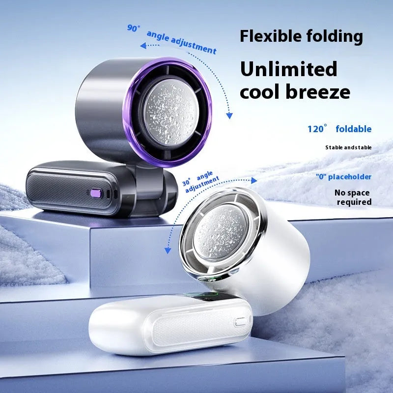 Blue folding handheld USB fan with hanging neck strap shown in open position.