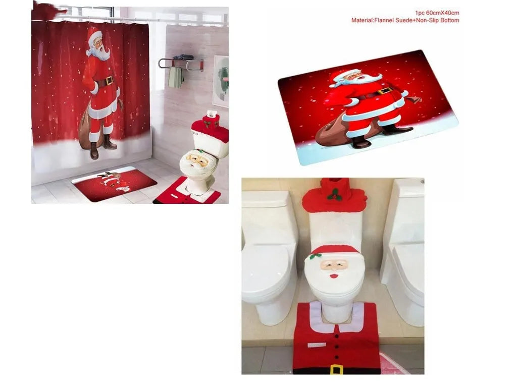 Christmas bathroom decoration set with Santa Claus shower curtain, toilet cover, and non-slip flannel floor mat