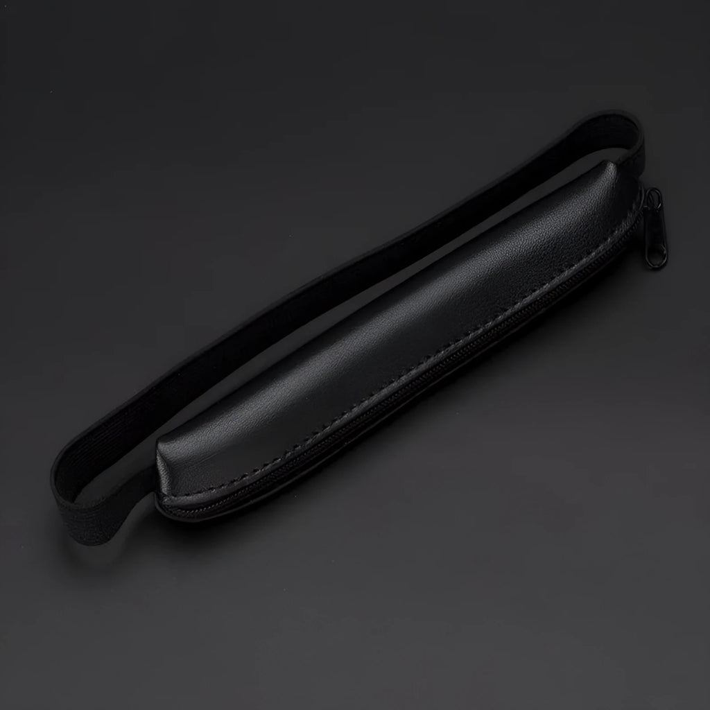 Long style PU leather pencil case in beige grey, showing 16.5cm length and plain design.