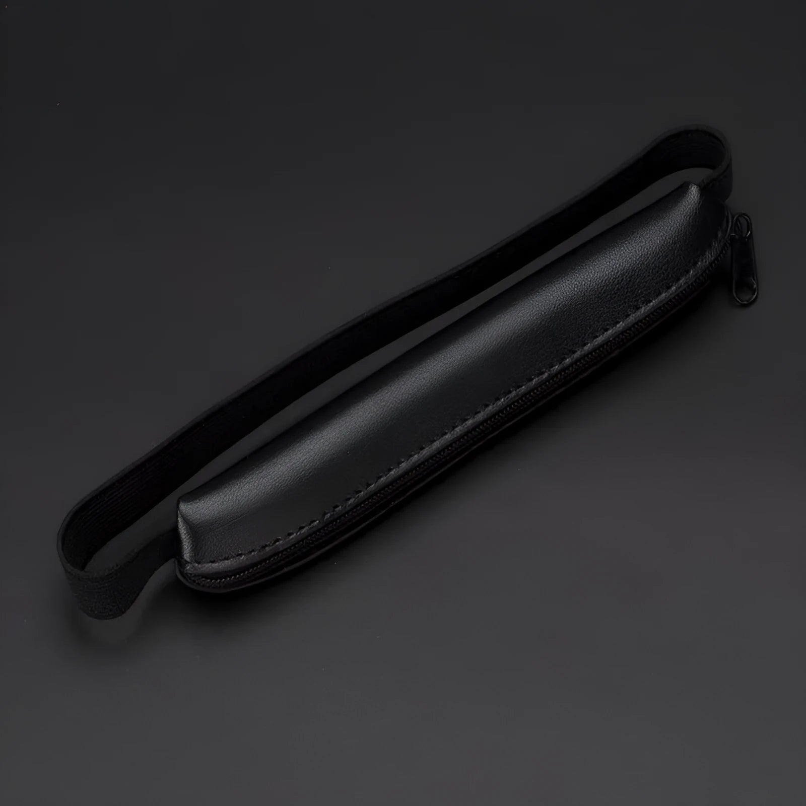 Long style PU leather pencil case in beige grey, showing 16.5cm length and plain design.