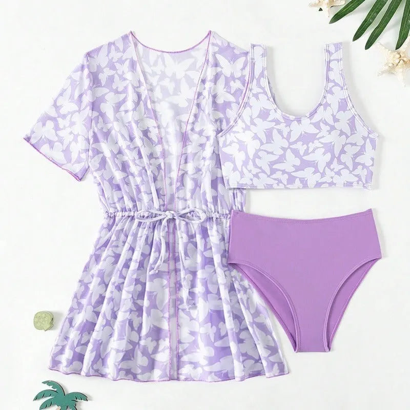 Three piece split swimsuit set for girls in colour 3218, includes coat, vest, and briefs.