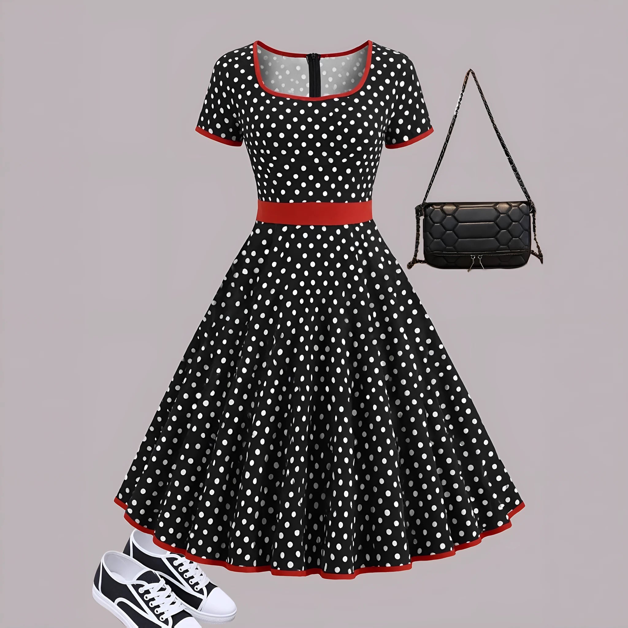 Multicolour polka dot midi dress with a structured square neckline and a front metal zipper closure.
