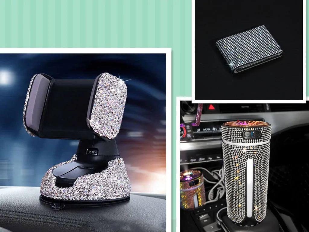 Diamond-encrusted car phone holder mounted on air vent with adjustable push-button mechanism and smartphone securely held