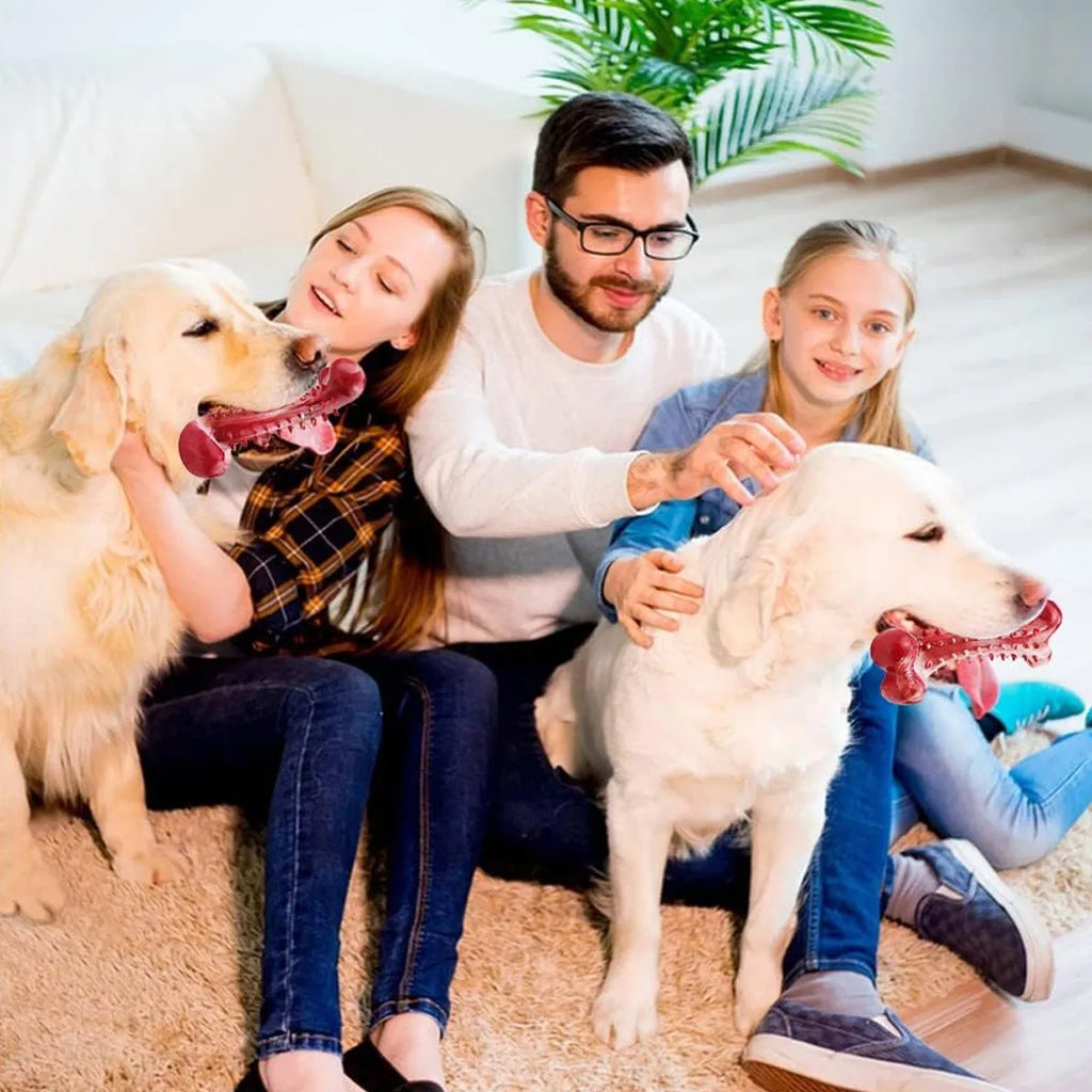 Red natural rubber chew toy for aggressive chewing dogs on wooden floor