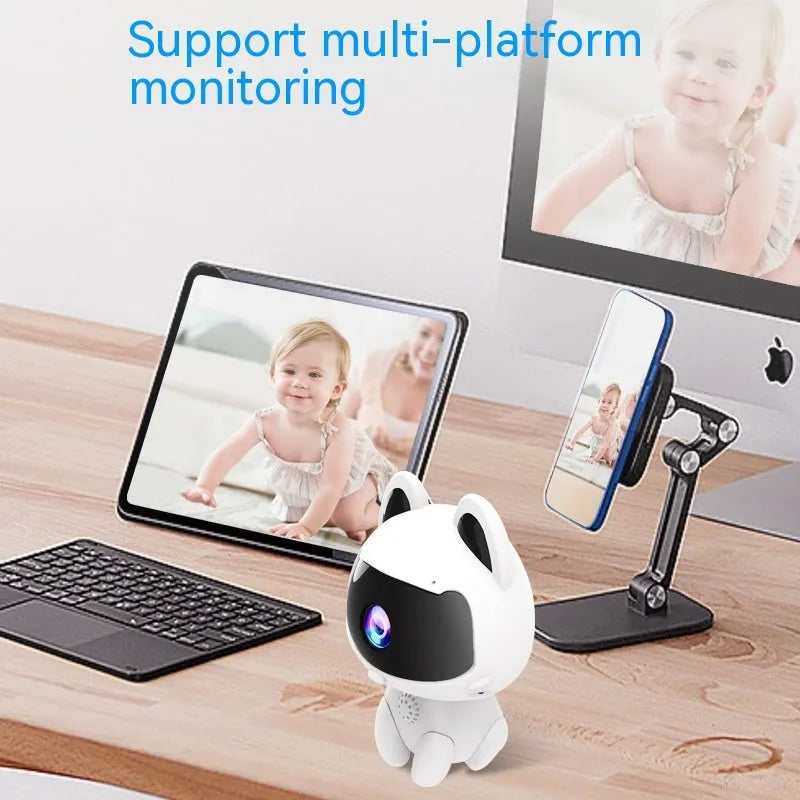 Cat Cute Pet V380 surveillance camera with WiFi and 720p resolution, white ABS plastic body