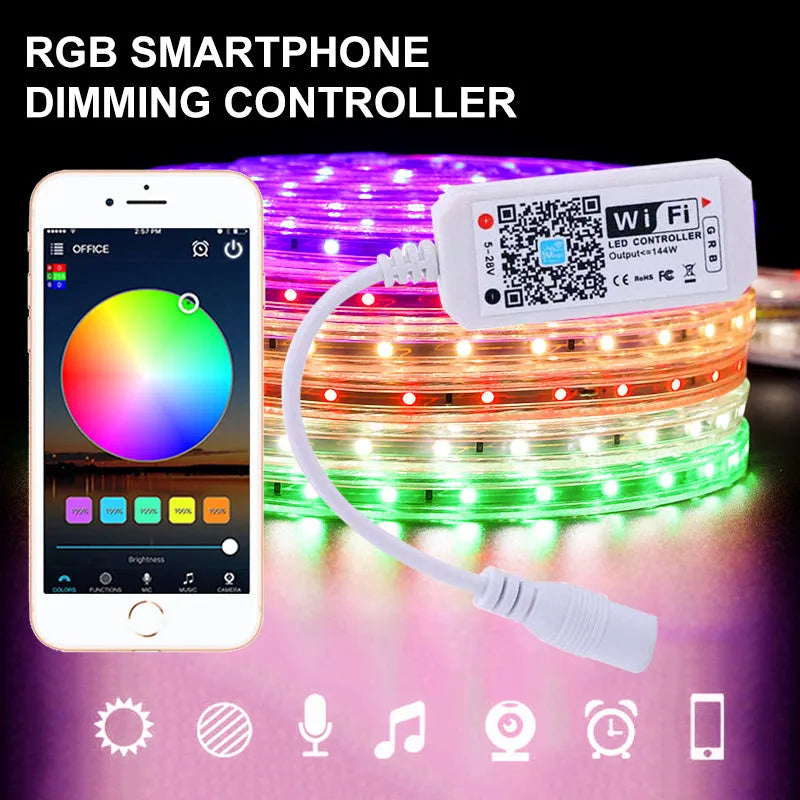 White WiFi LED light strip controller with Magic Home Pro app for smartphone control