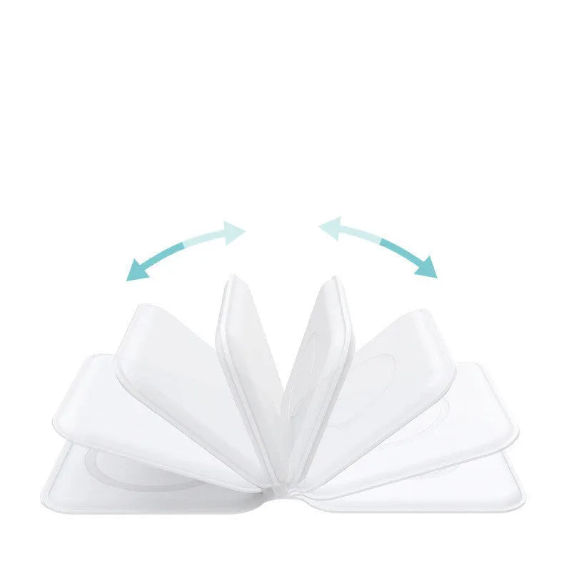 White folding magnetic wireless charging dock in stand mode with phone and earbuds case charging