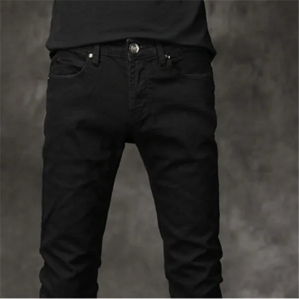Black slim-fit stretch men's cotton pants, tight cut, sizes 27 to 36 with full cm size chart