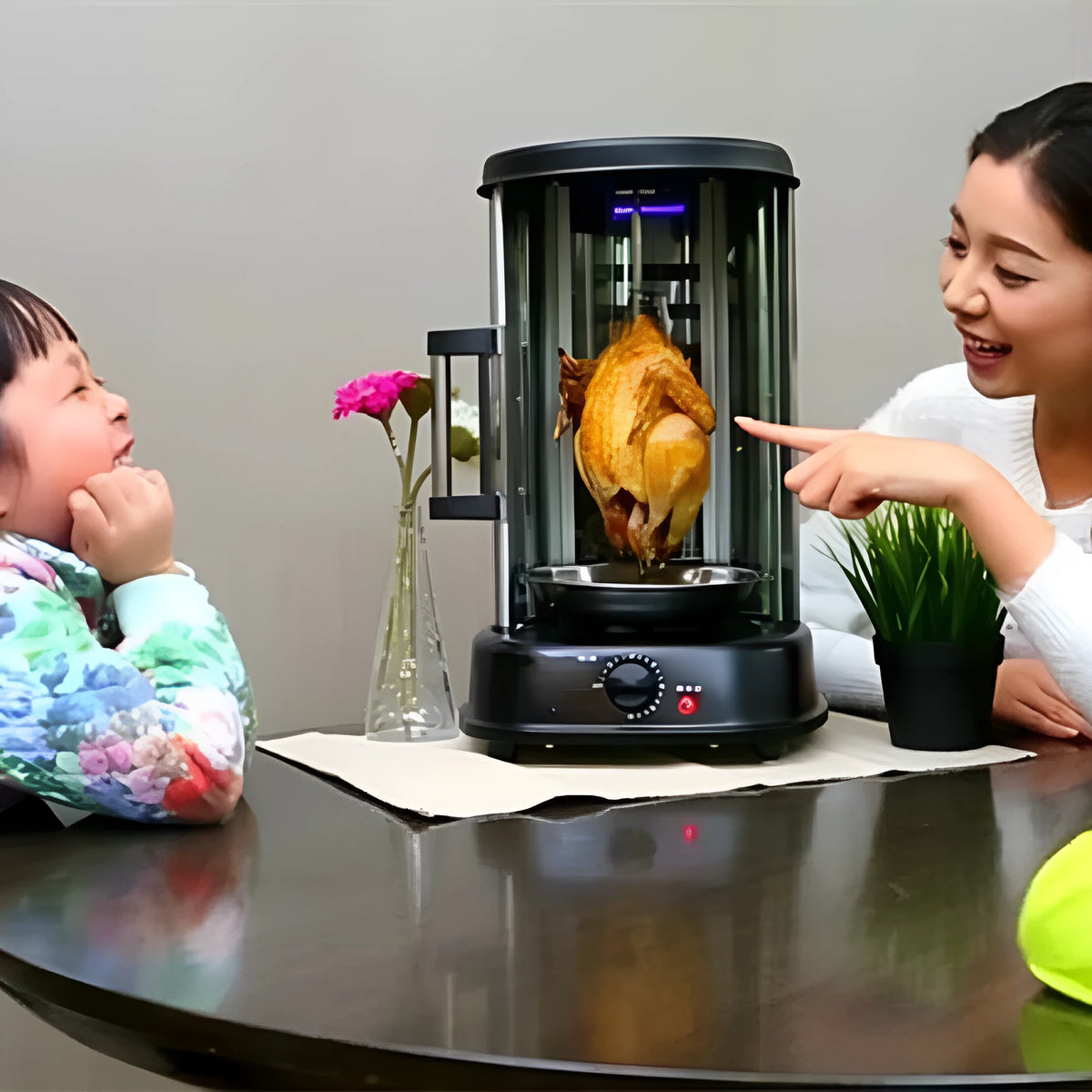 Black electric indoor rotisserie grill oven 21L 1500W with timer and oil pan