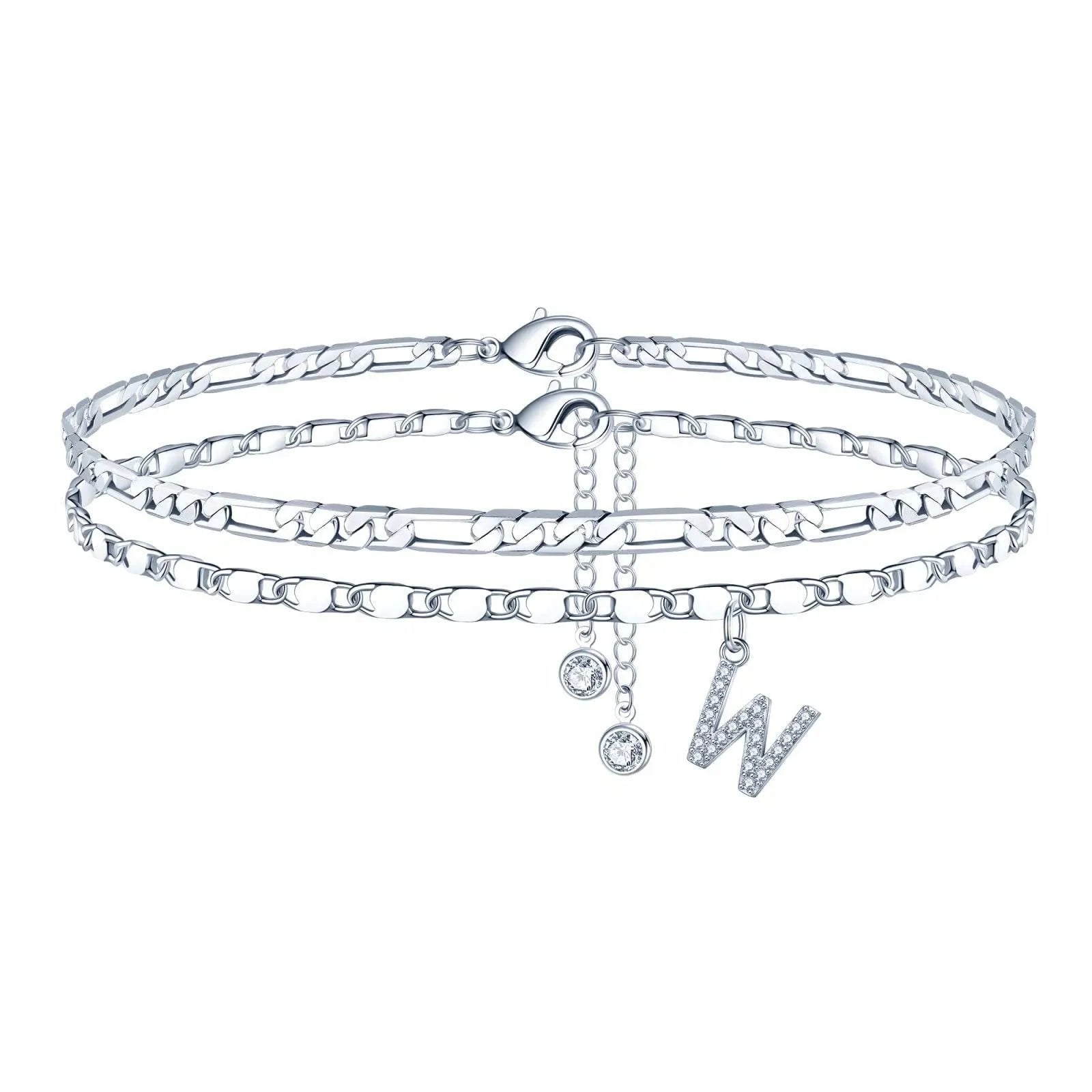 Silver colour copper anklet with double-circle design and text bead elements on ankle