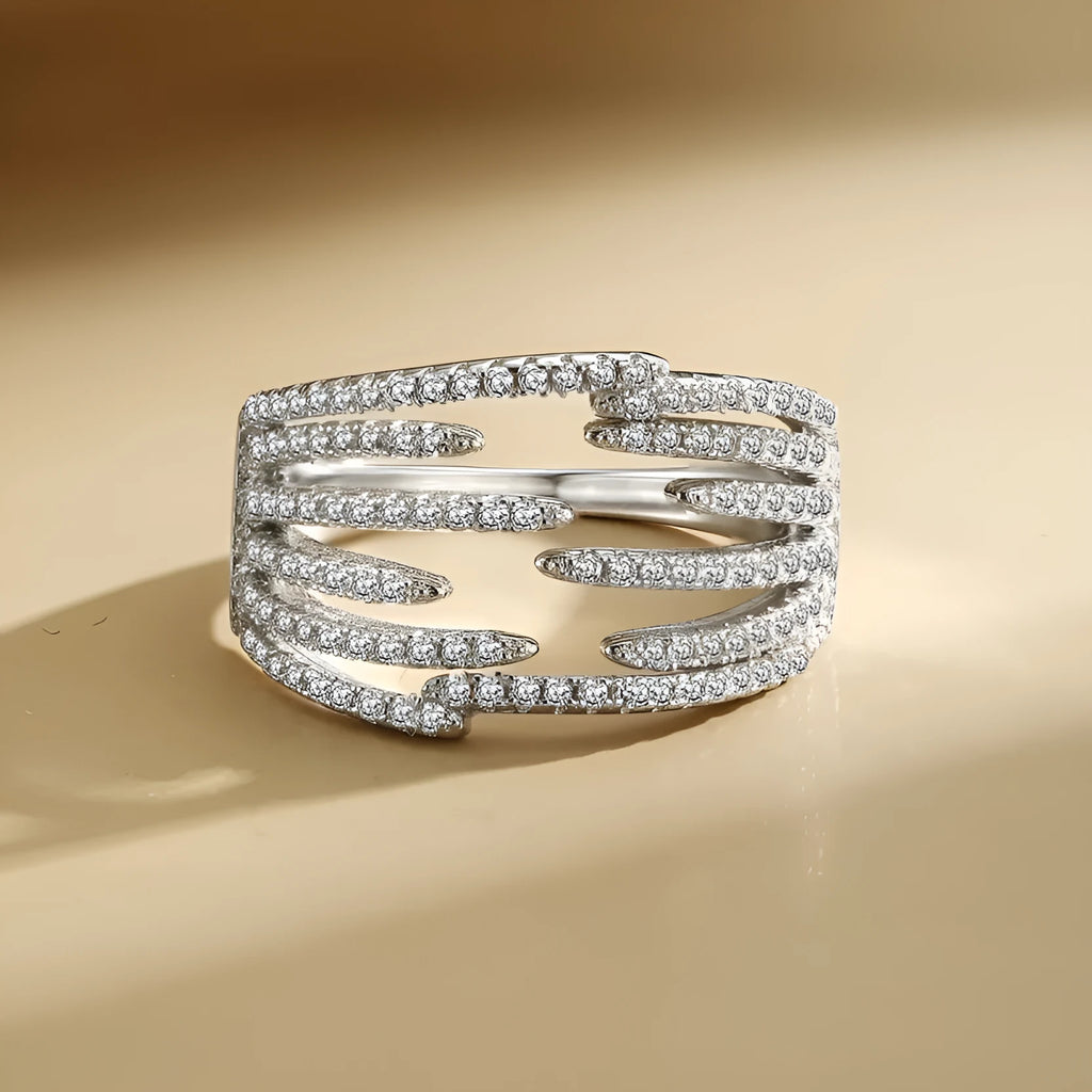 S925 sterling silver women's ring with multi-layer irregular line design and diamond accent in silver or rose gold