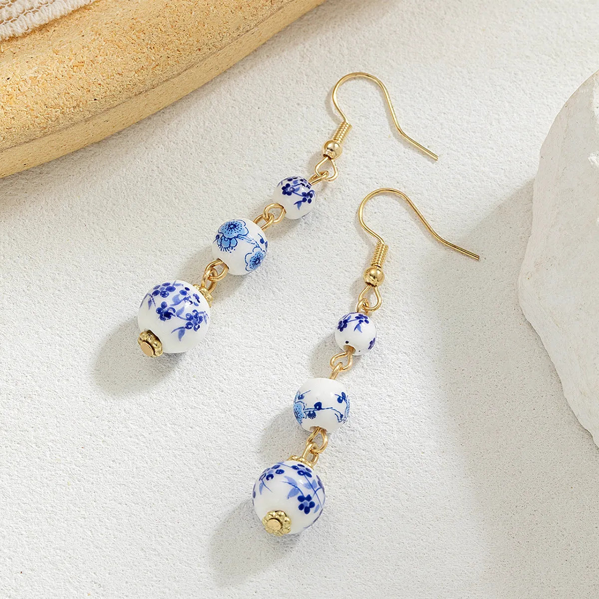 Blue and white porcelain ceramic bead long retro earrings with alloy metal geometric design