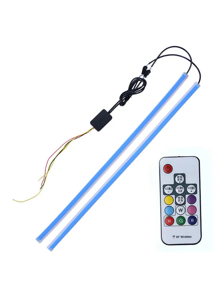 Remote control and RGB colour-changing universal LED daytime running light strip in 30cm, 45cm, 60cm sizes.