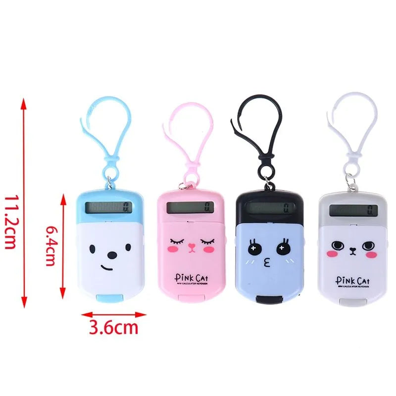Creative cookie-shaped cute mini calculator in pink with key ring on a white background