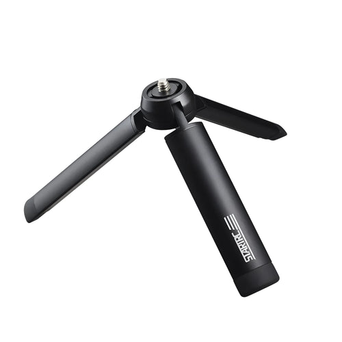 Silver aluminium alloy phone bracket for iPhone shown in clip and tripod style next to a mobile phone.