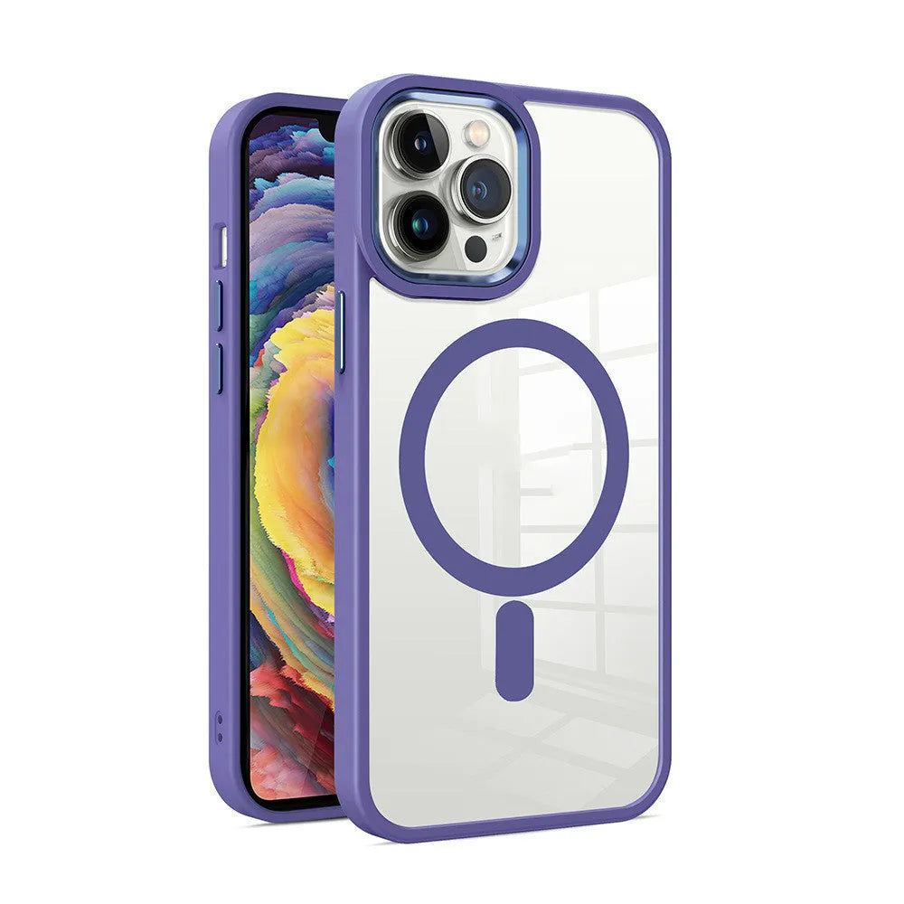 Magnetic transparent silicone phone case for iPhone on a MagSafe charger, showing clear back and coloured bumper.