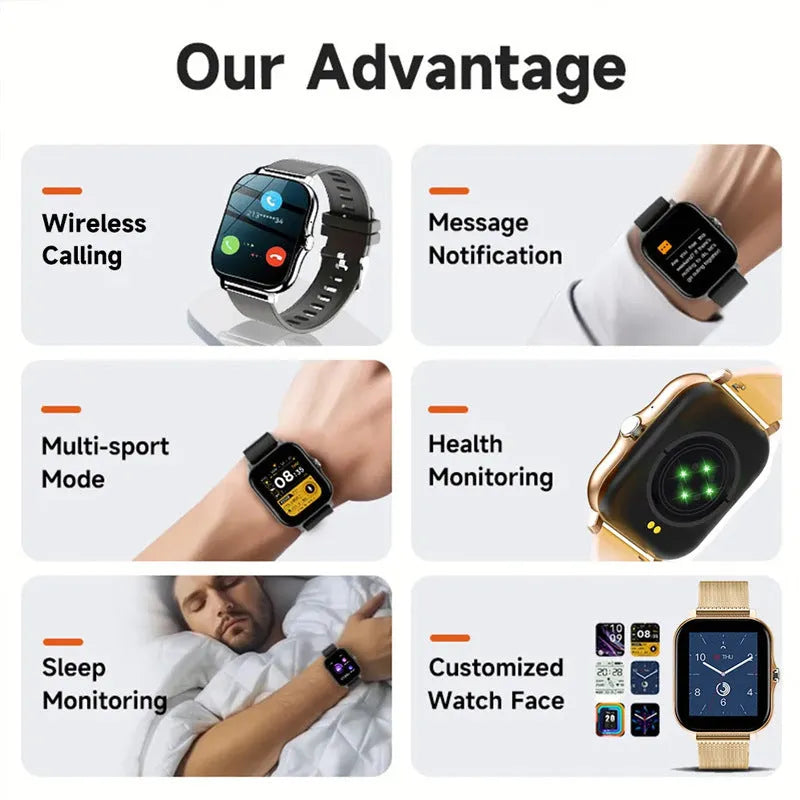 Smart watch with 1.44-inch colour touch screen displaying a heart rate graph, with a black steel strap on a wrist.