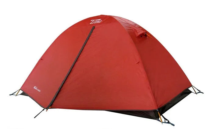 Double aluminum pole rainproof camping tent in green, set up in a field with quick-open design and 110cm height