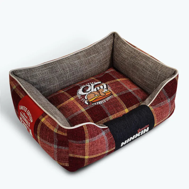 Dog pet cushion mat in red plaid, scratch and bite resistant, size options S M L, includes pet nest