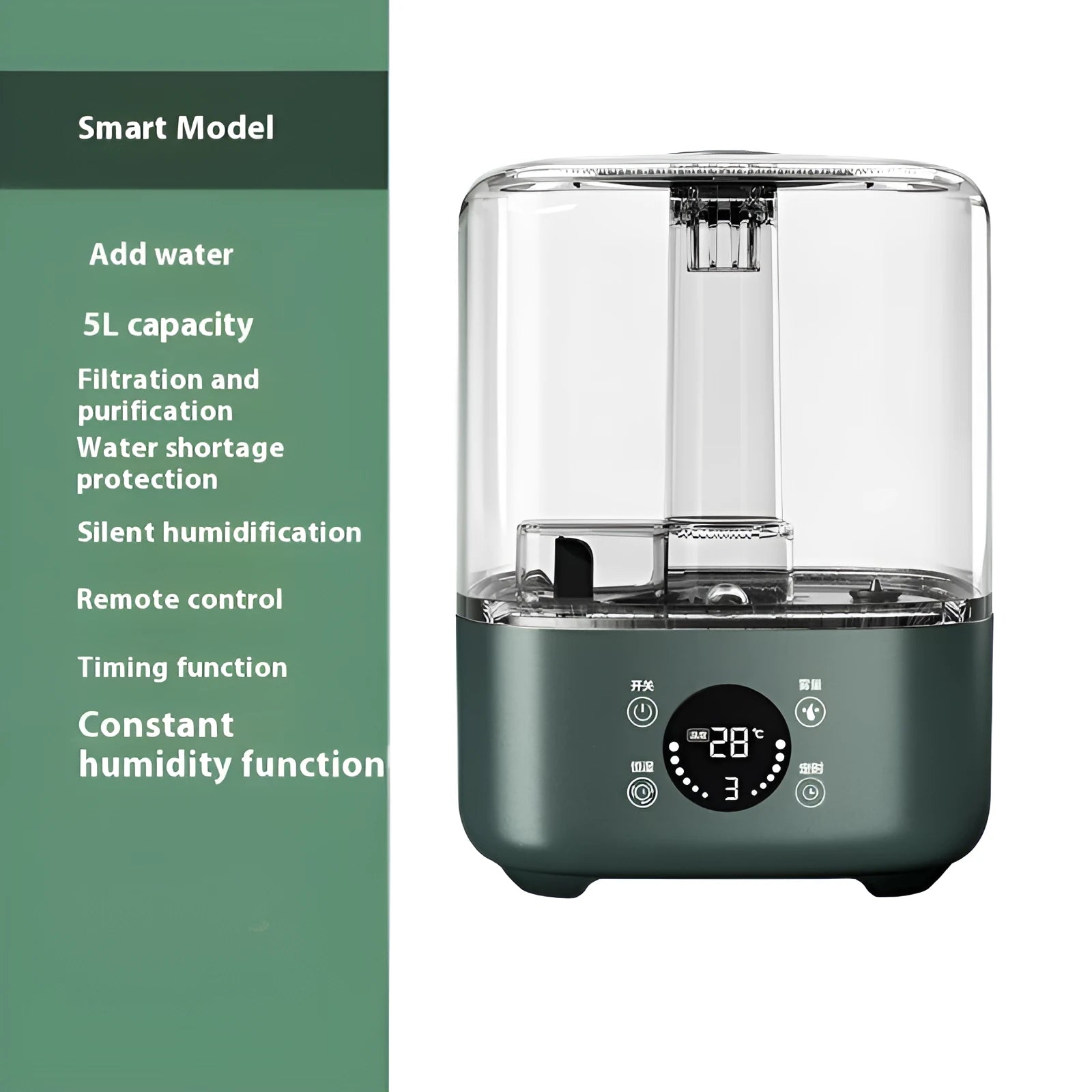Green large capacity intelligent humidifier with touch screen and remote control on table.