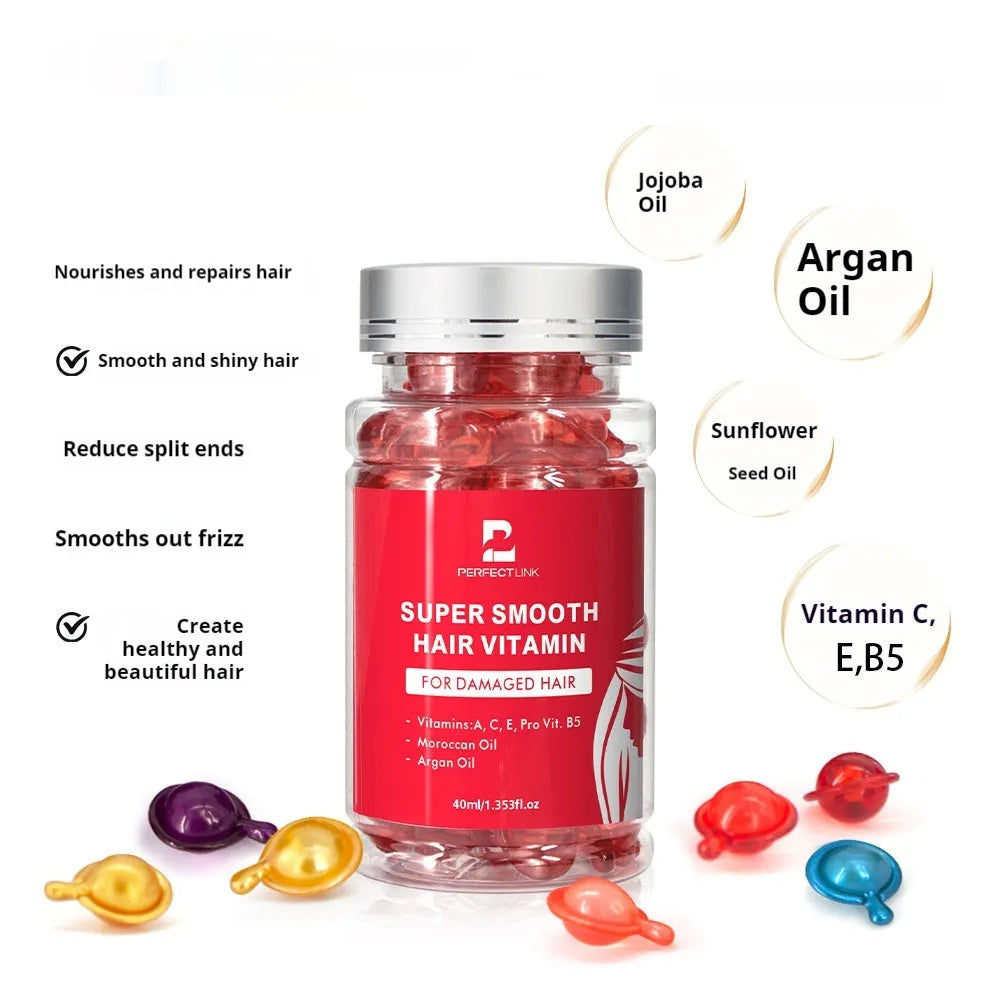 40ml plastic bottle of hair care essential oil in one of six colours: red, purple, gold, blue, yellow, or pink.