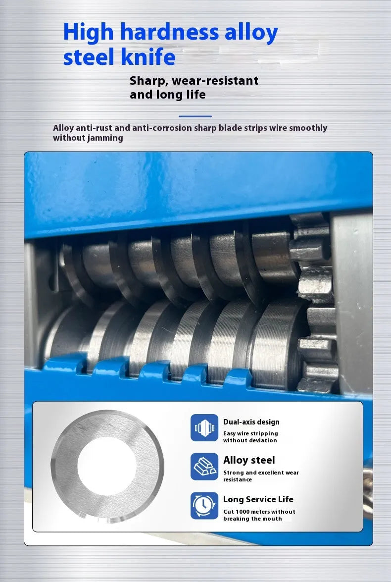 SD-017 manual wire stripping machine tool on a workbench, showing adjustable mechanism and compact 154mm steel body.
