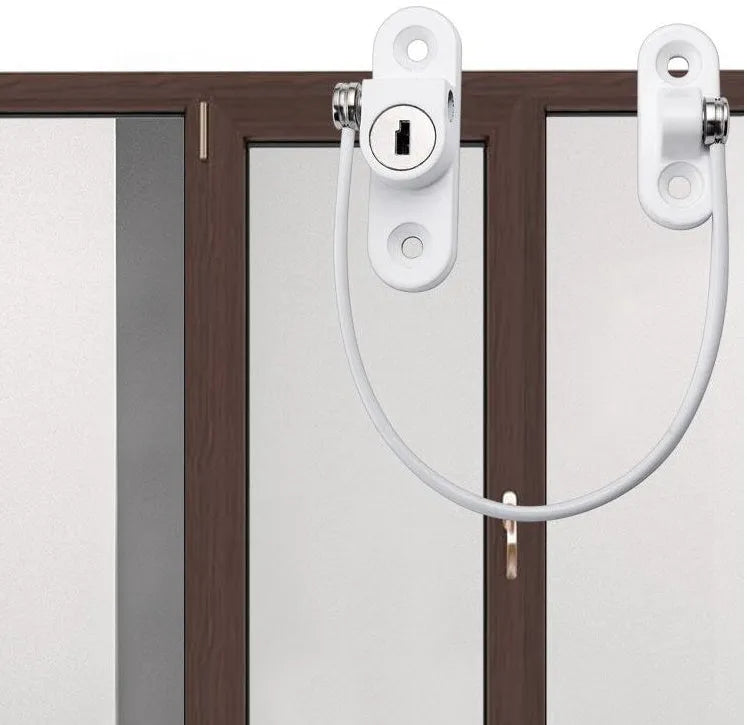 Window security chain lock with 18cm steel cable and aluminium alloy body in white colour