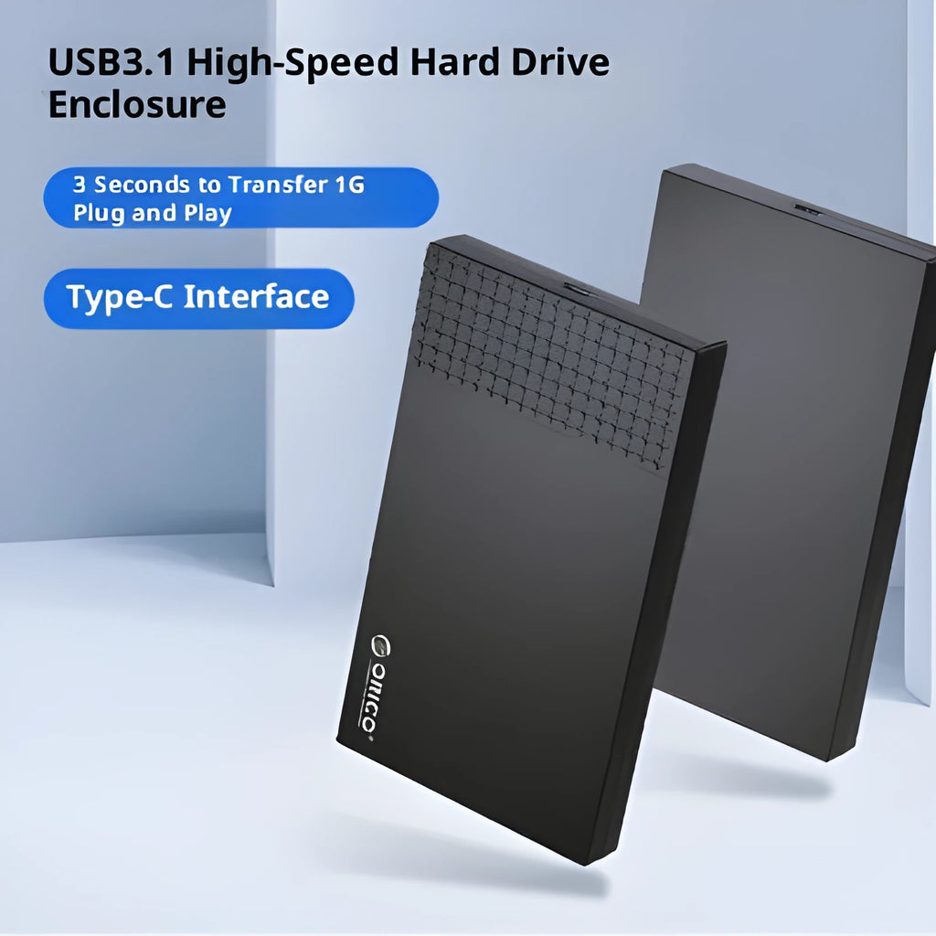 Black ABS plastic 25-inch Type-C hard disk box with cables on a flat surface