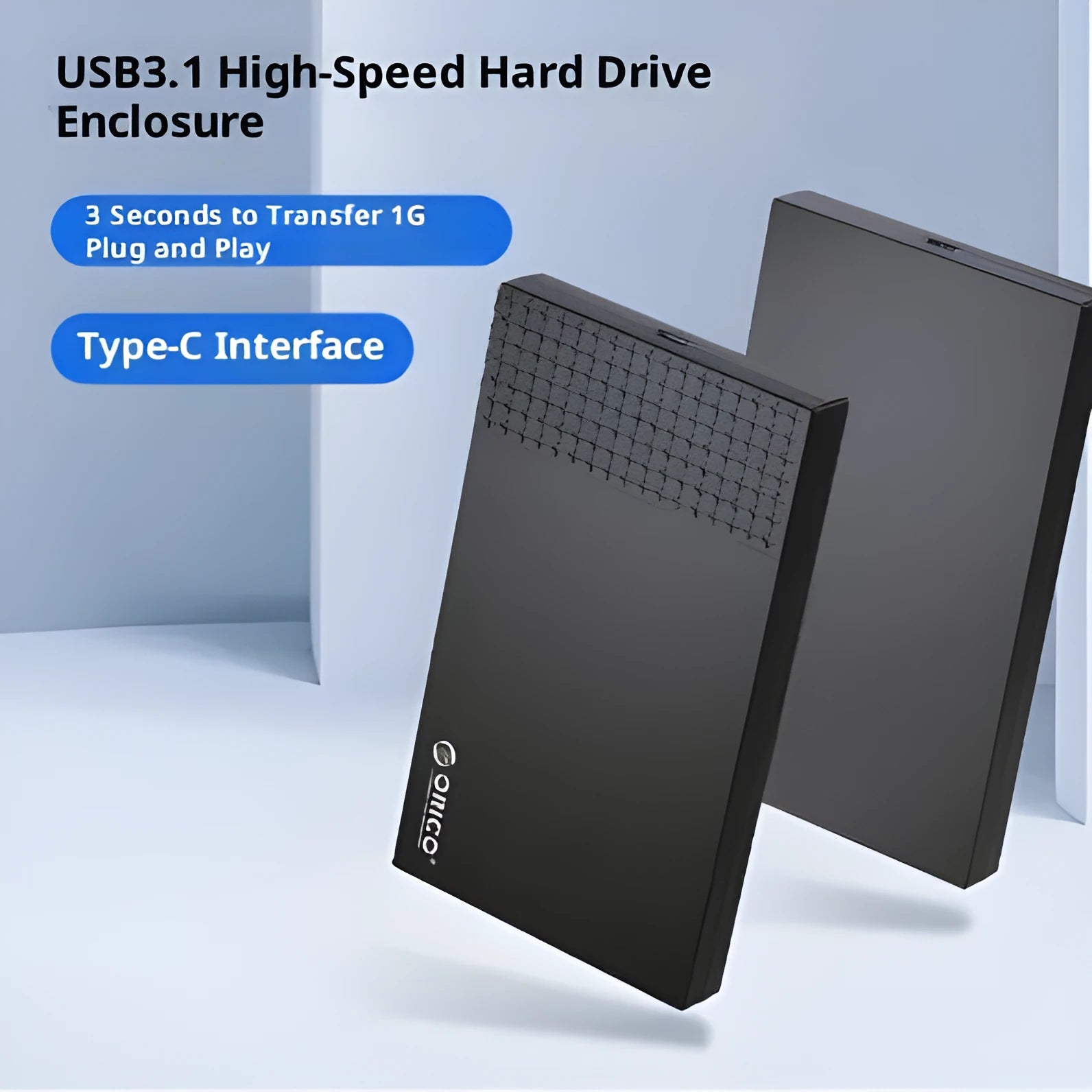 Black ABS plastic 25-inch Type-C hard disk box with cables on a flat surface
