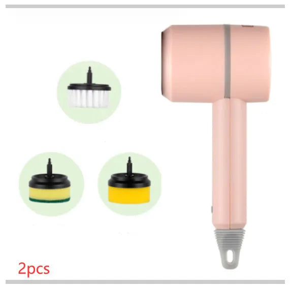 White electric cleaning brush with rotating scrub head and separate scouring pad attachment