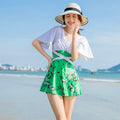 Women's one-piece swimsuit in chemical fibre blend with printed pattern in green or blue colour