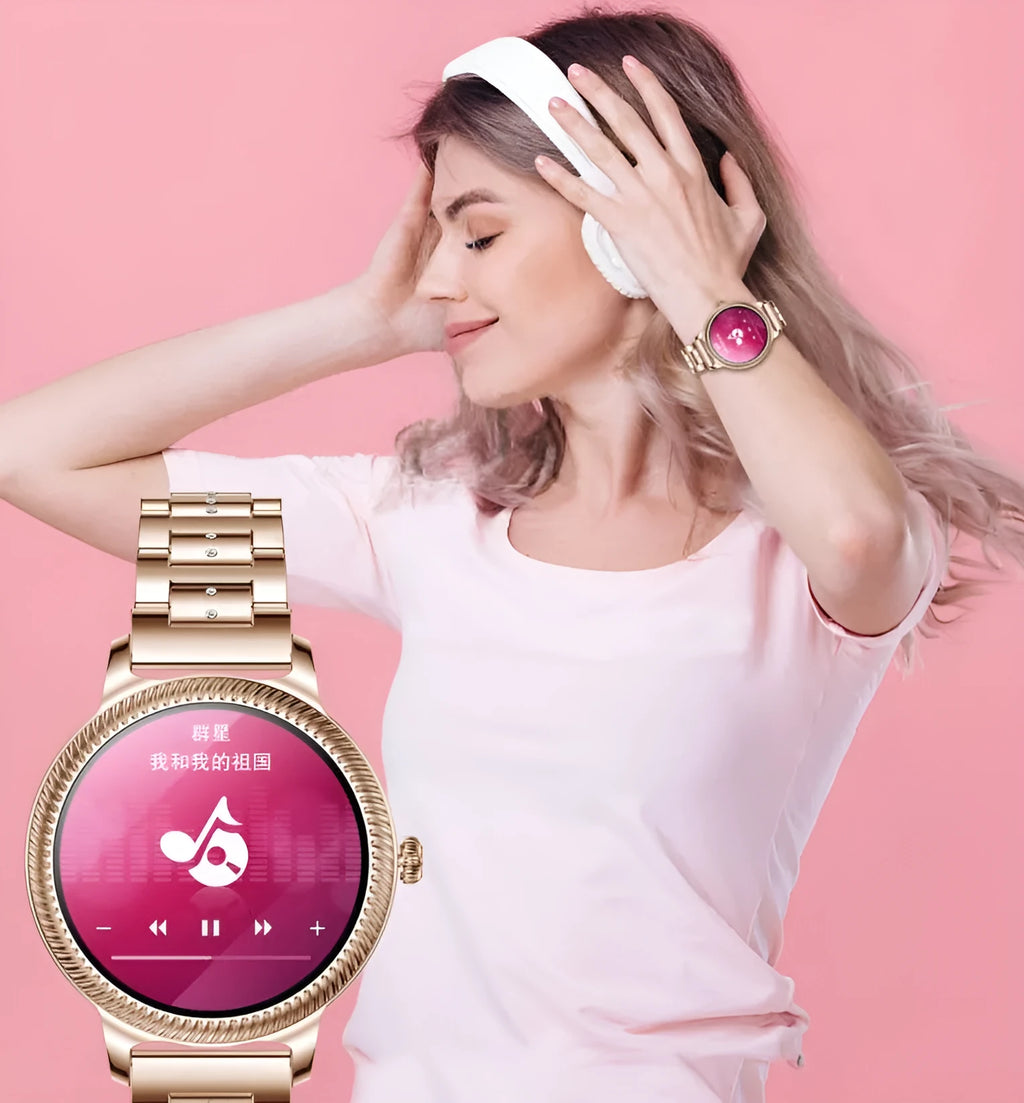AK38 ladies smart watch with stainless steel Milanese band and 1.09-inch colour screen.
