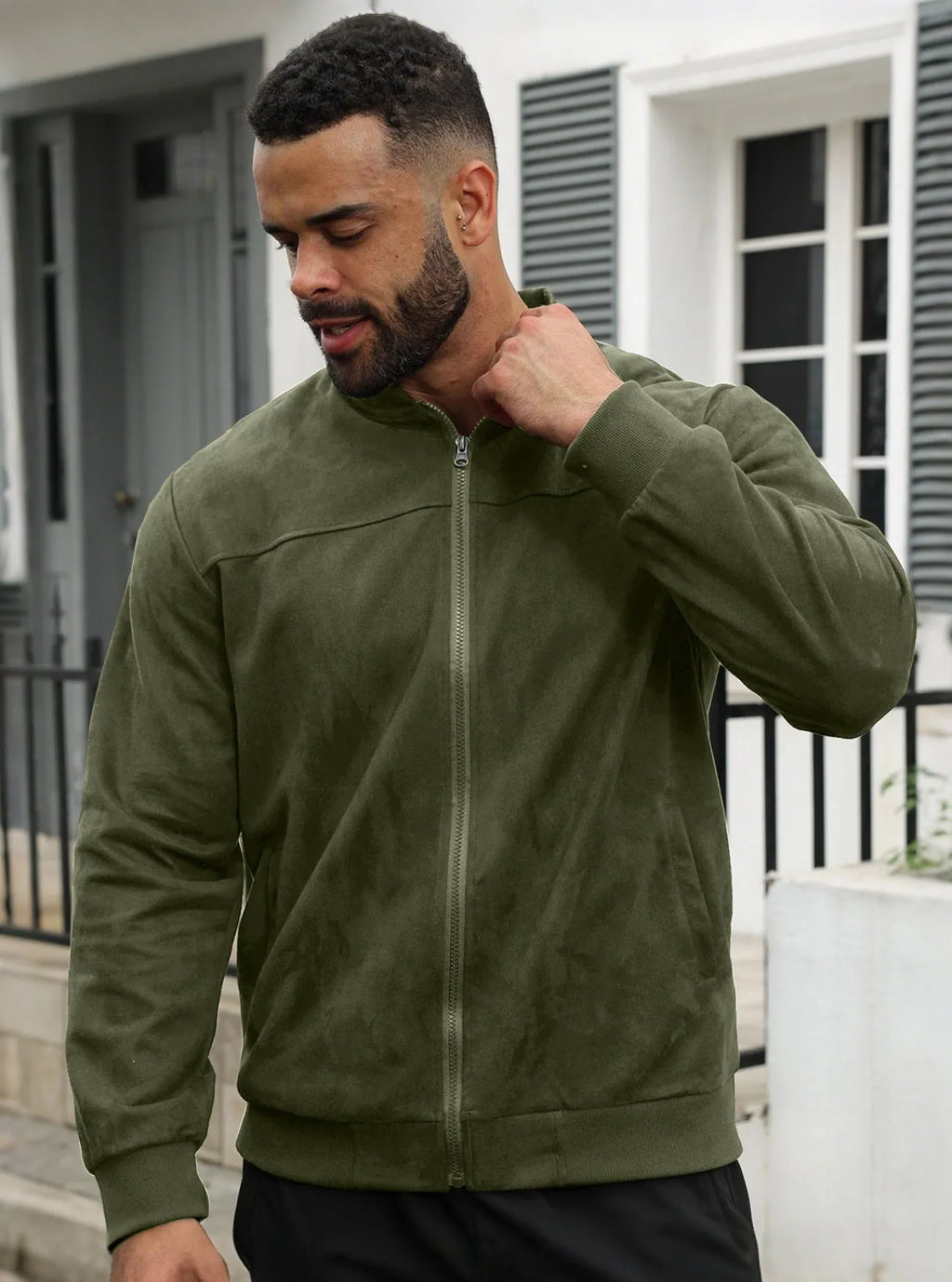 Men's suede flight jacket in solid colour with long sleeves, round hem, and punk style