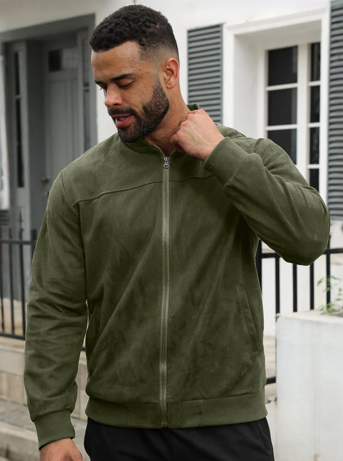 Men's suede flight jacket in solid colour with long sleeves, round hem, and punk style