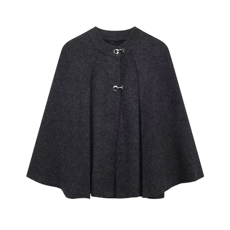 Cape round neck long sleeve knitted sweater coat in solid colour polyester, available in gray and wine red, sizes S M L