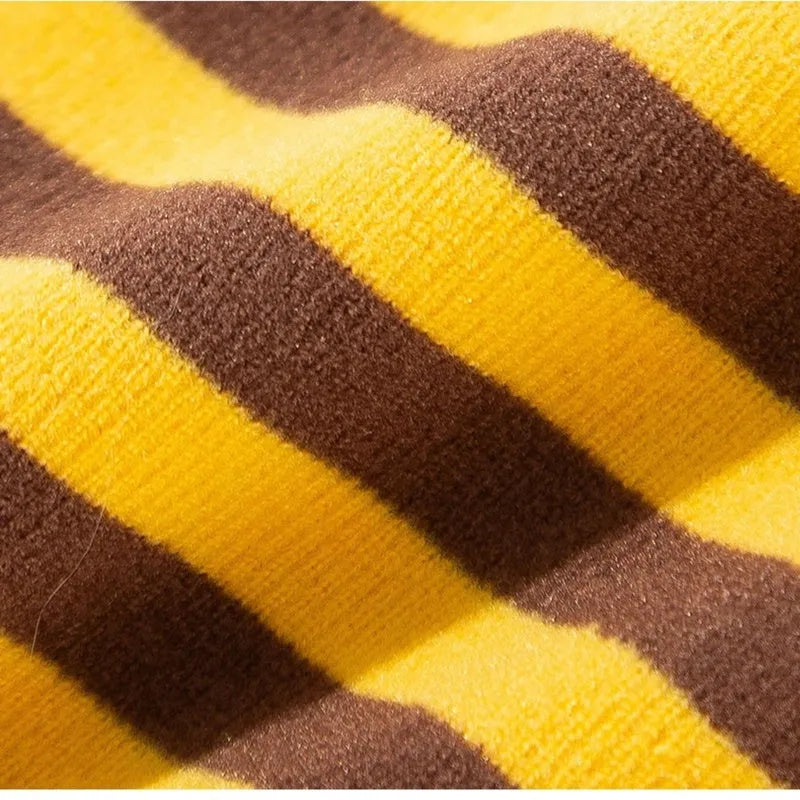Dog pajama suit with yellowish-brown bee pattern on stripes, four-legged design, and lapel collar for small pets