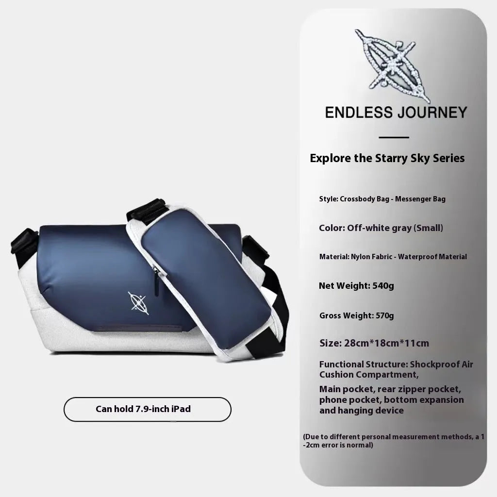 Light And Shadow Planetary Camera Crossbody Bag for Boys in blue and white, showing front view with splicing detail and shoulder strap
